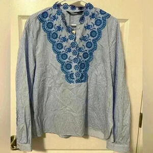 Zara Blue White Striped Embroidered Shirt Hidden Buttons Size  Large Oversized